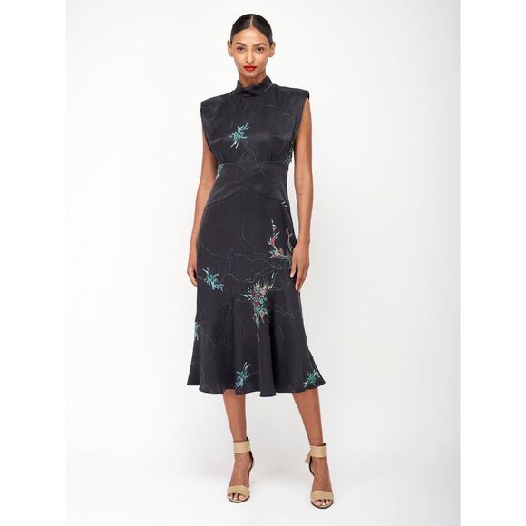 Equipment Jillian Black Floral Print Satin Sleeveless Cocktail Midi Dress Size 4
